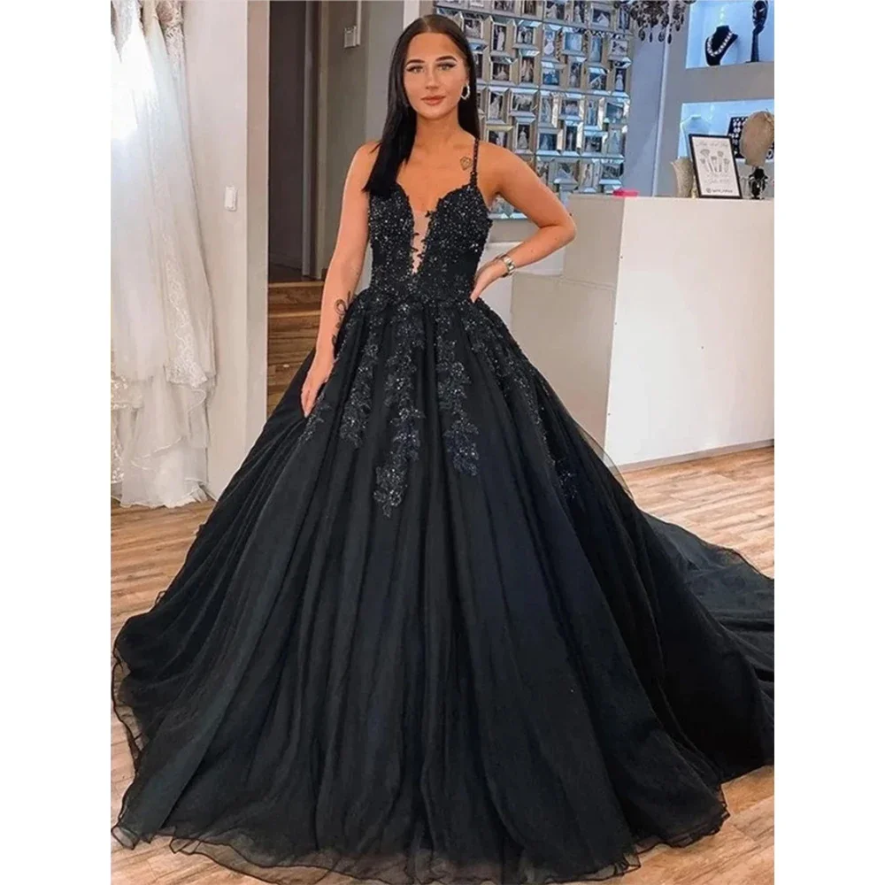 Fashion Black Organza Evening Dress Sleeveless Floor Length Appliques V-Neck Draped Prom Dresses Luxury Custom Vestidos 2024