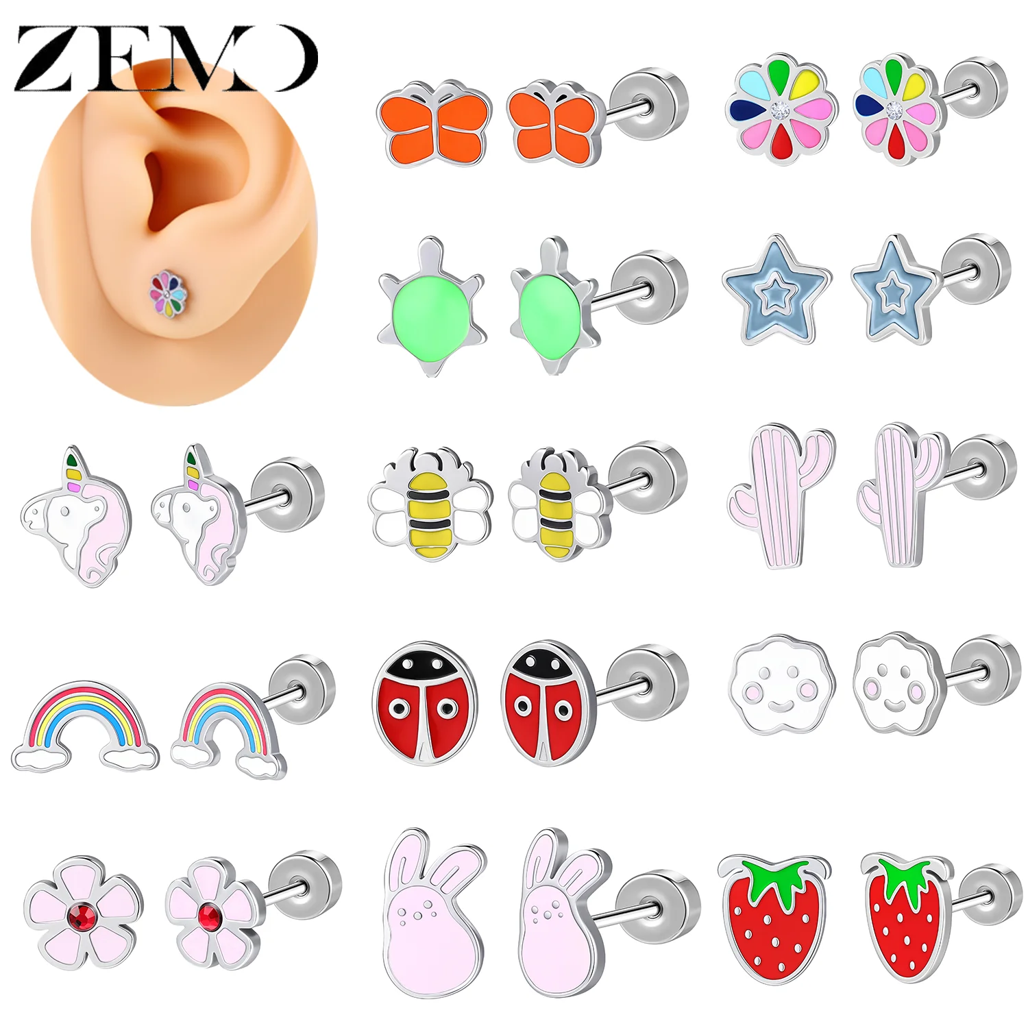 ZEMO 1 Stück/1 Paar 20G Niedliche Ohrstecker 316L Edelstahl Regenbogen Herz Bunte Ohrstecker Knorpel-Ohrschmuck Piercing-Schmuck