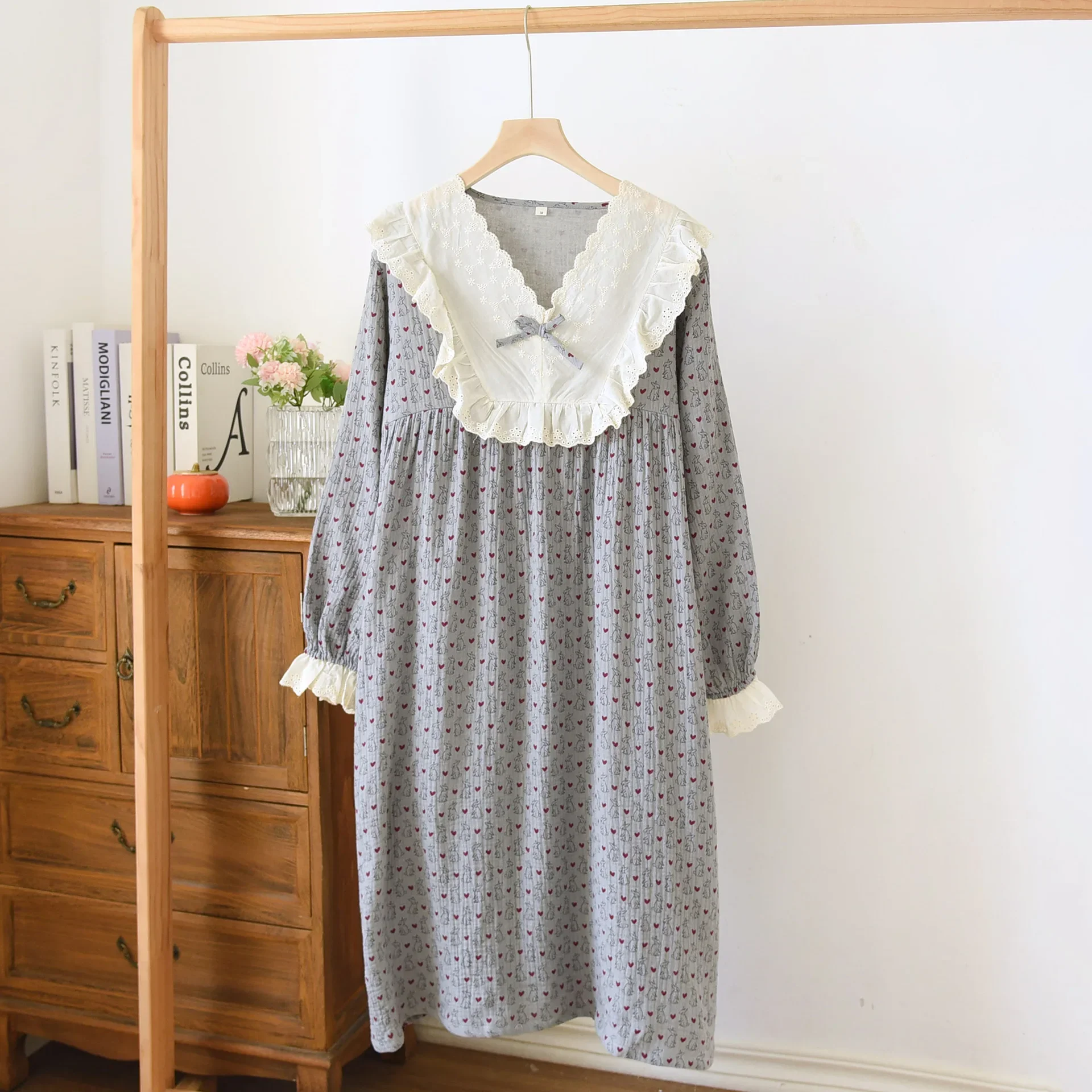 Casual 100% Cotton Nightgown Women Sleepwear A-Line Long Sleeve Loose Midi Blue Night Dress Female Homewear Nighty For Ladies