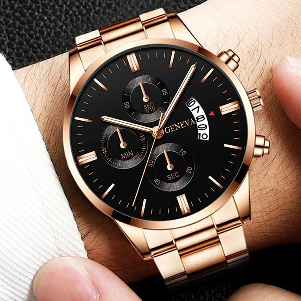 Geneva-Reloj de pulsera de acero inoxidable para hombre, cronógrafo de cuarzo con tres ojos, estilo militar, resistente al agua, para negocios, nuevo