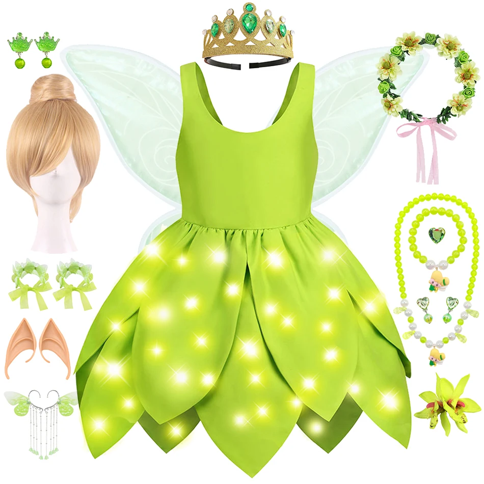 Girls Tinker Bell Dress Kids Green Fairy Princess Costume Birthday Carnival Party Halloween Cosplay Sleeveless Children Outfits