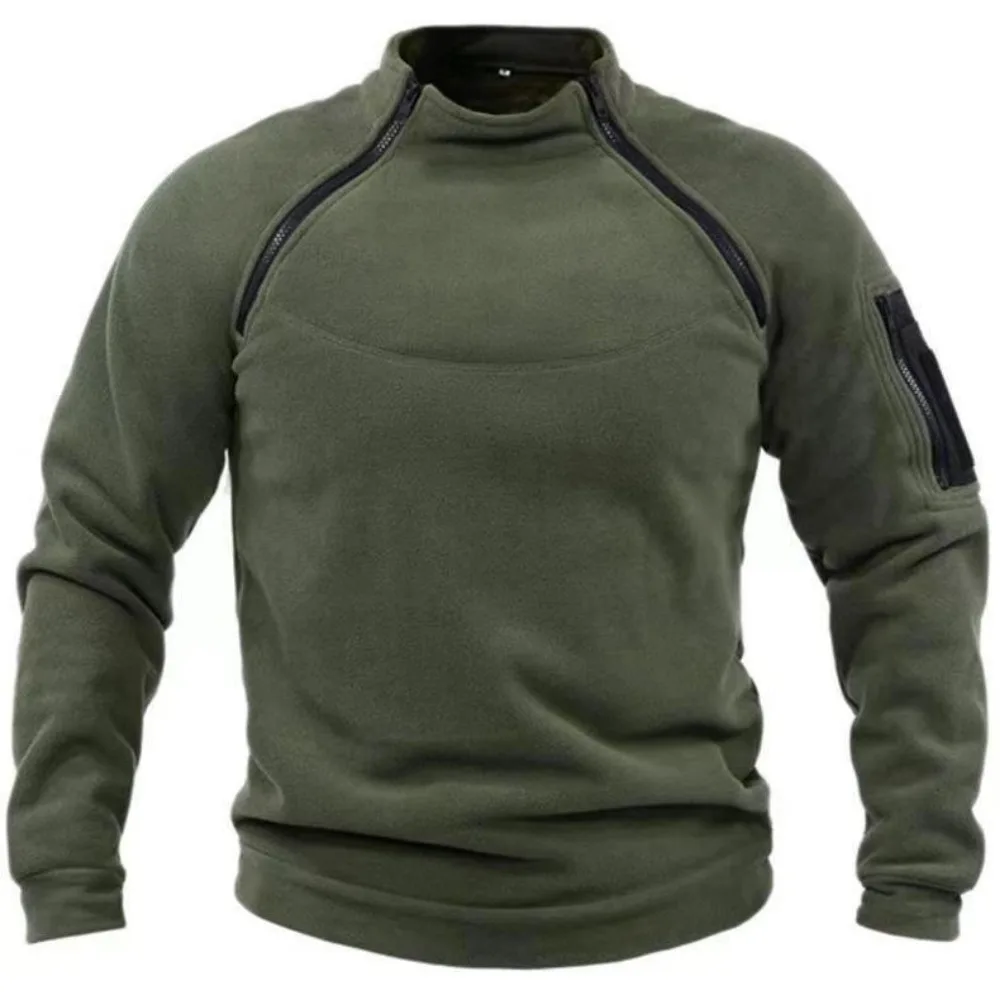 Men's Polar Fleece Outdoor Warm Breathable Tactical Zipper Standing Neck Long Sleeves Casual Solid Color Sweatshirt