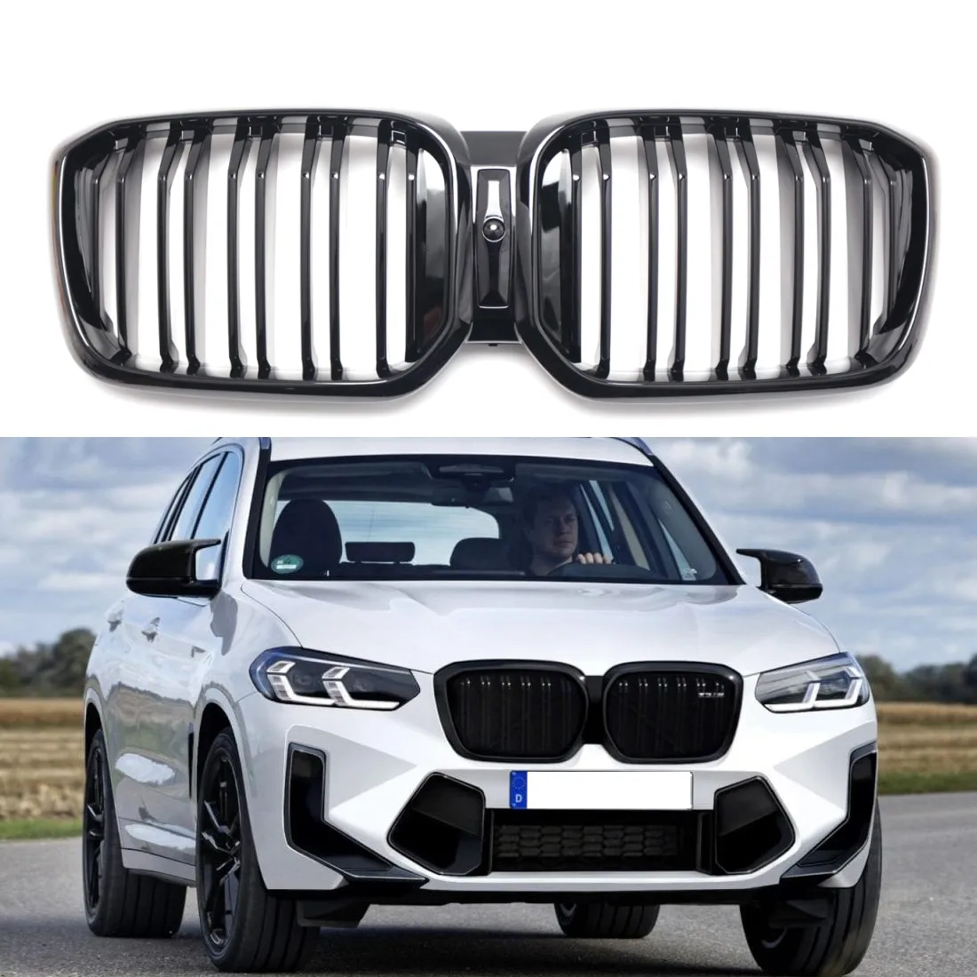 

Gloss Black Car Front Bumper Kidney Grilles Double Line Sport Grill For BMW X3 X4 IX3 G01 G02 G08 2022 2023