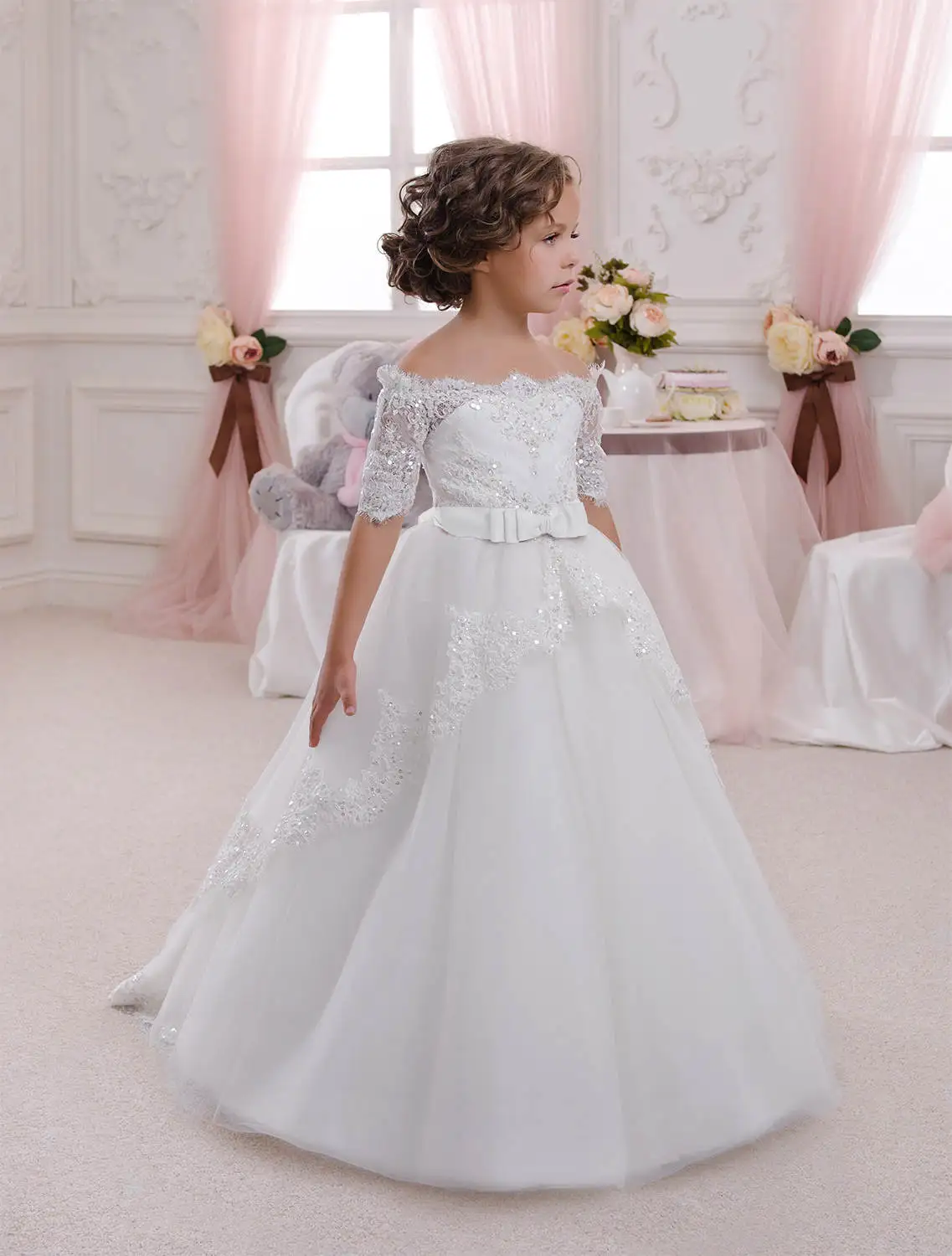 

Elegant Flower Girl Off-Shoulder Autumn and Winter Lace Splicing Christmas First Communion Party Holiday Wedding Banquet Dress