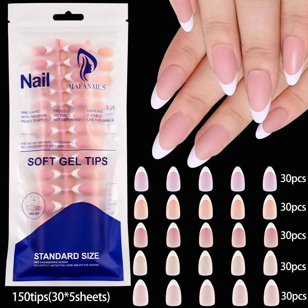 150Pcs Matte Almond White French Press On Nails Nude Pink Soft Gel Tips Full Cover False Nails Oval Capsule Fake Nails Extension