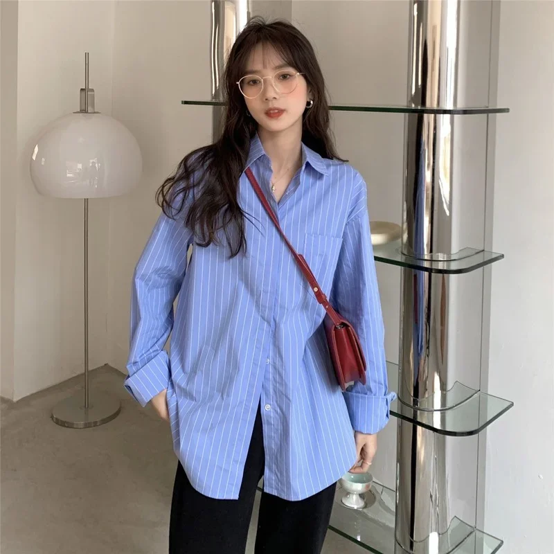 Shirts Women Blue Striped Loose Harajuku Long Sleeve Casual Spring Tops Students All-match Fashion Simple Korean Ulzzang Chic BF