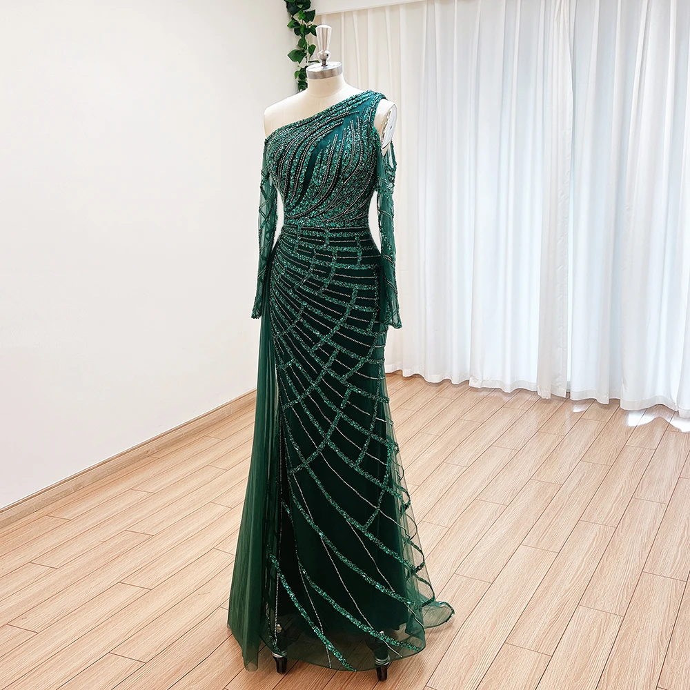 Elegant Emerald Green One Shoulder Mermaid Evening Dress with Overskirt 2023 Luxury Dubai ArabicLong Sleeves Wedding Party Gown