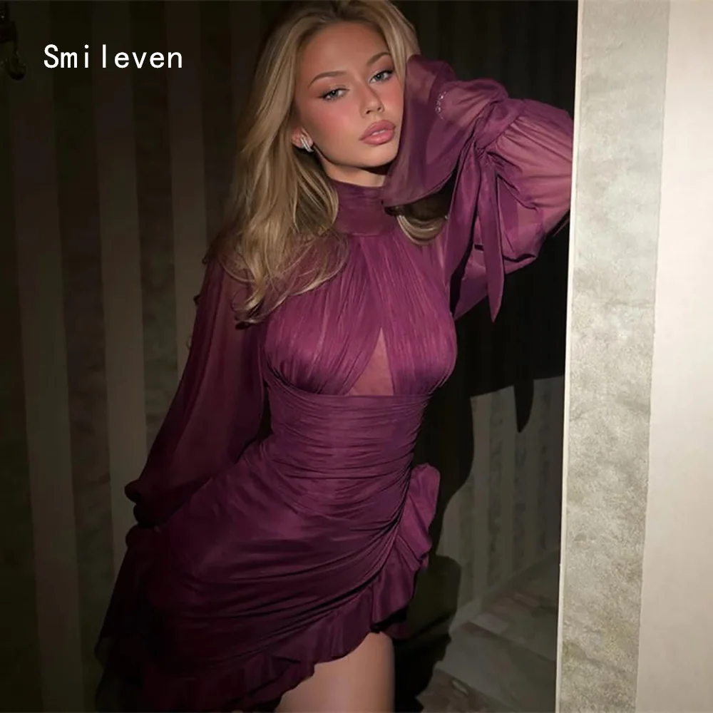 

Smileven Luxury Short Mermaid Evening Dress Sexy light Organza Formal Prom Dresses Full Sleeve Party Gowns Customized 2026