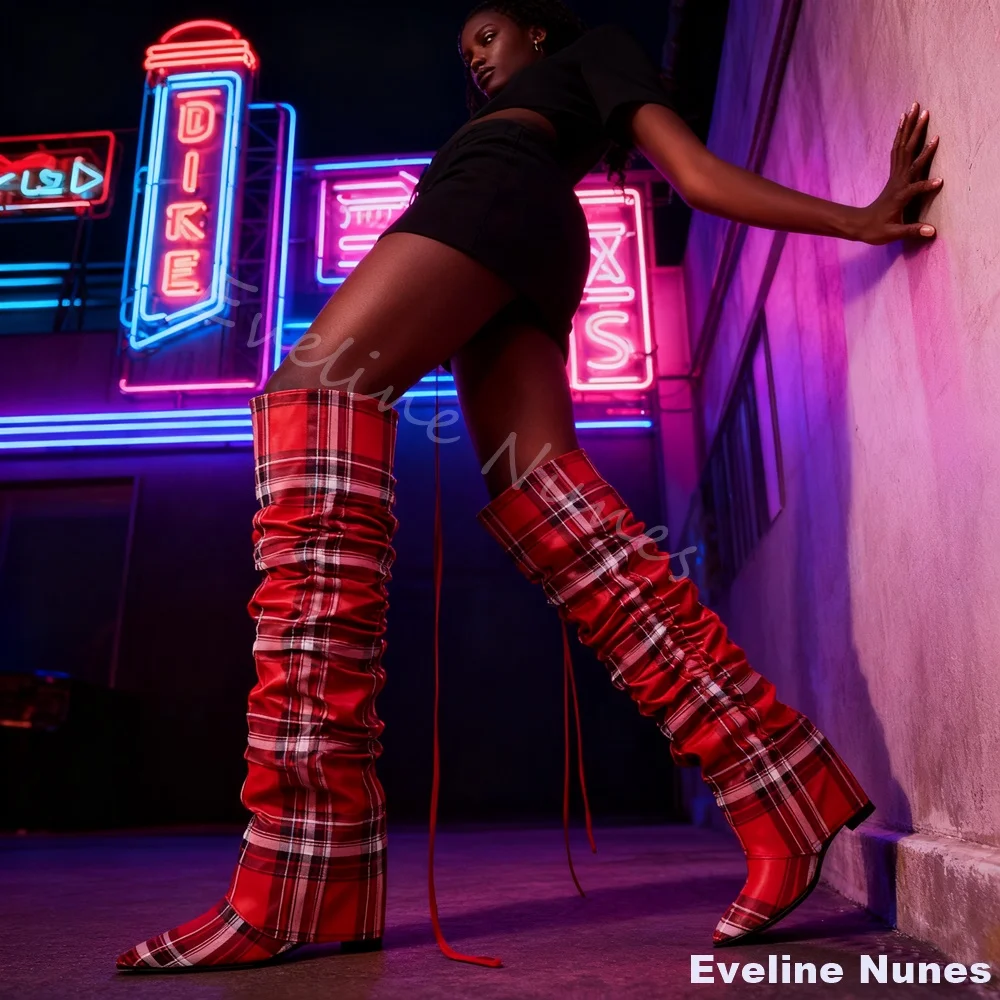 

PU Red Plaid Over The Knee Boots Women Wedges Pointed Toe Slip On Folding Boots 2026 Sexy Fashion Nightclub Stage Runway Boots