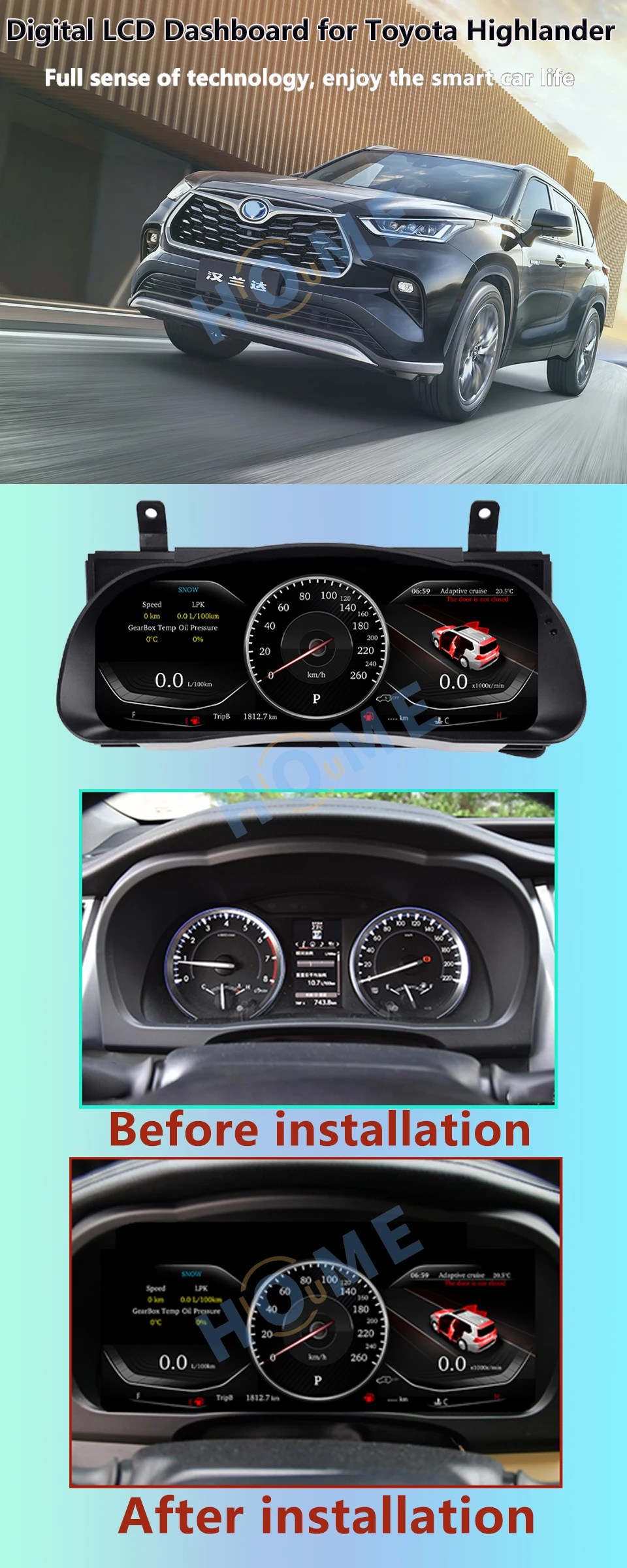 12.3 Inch Linux Car LCD Cluster Instrument Multimedia Dashboard Modification For Toyota Highlander 2015 - 2020