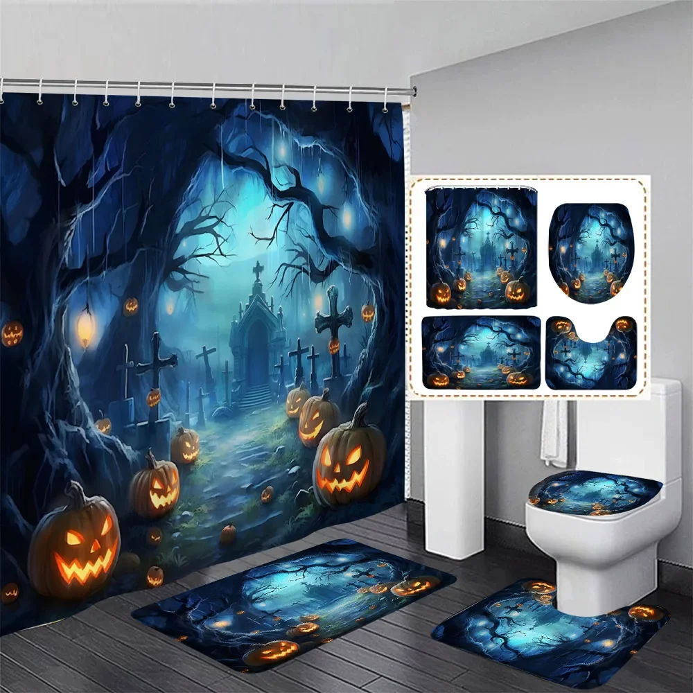 Halloween Shower Curtain Set Forest Pumpkin Dead Trees Tombstone Horror Night Bathroom Decor Floor Rug Bath Mat Toilet Lid Cover