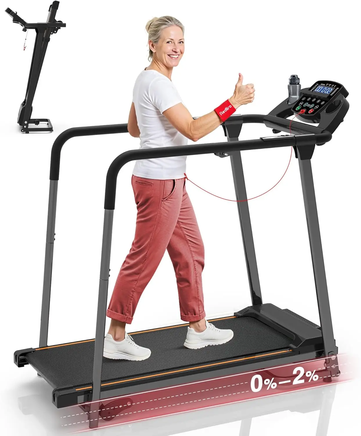 

Home Fitness, Steel Frame, No Color Specified, Foldable with 0-2% Incline & Long Handrails