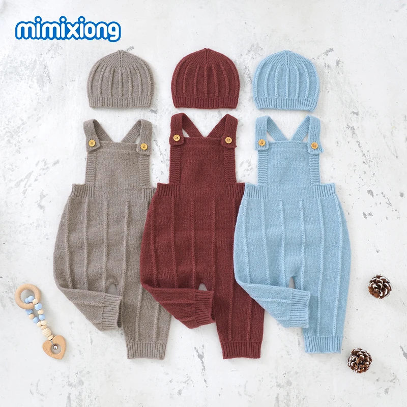 Newborn Baby Rompers Hats Clothes Autumn Solid Knitted Boys Girls Sleeveless Jumpsuits Caps Outfit 0-18m Toddler Infant Playsuit