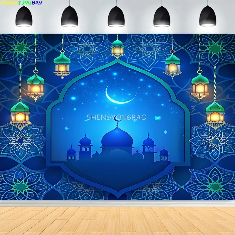 Ramadan Shiny Golden Crescent Moon Lanterns Background Eid Mubarak Arabic Islamic Mosque Palace Photography Backdrops MO-04