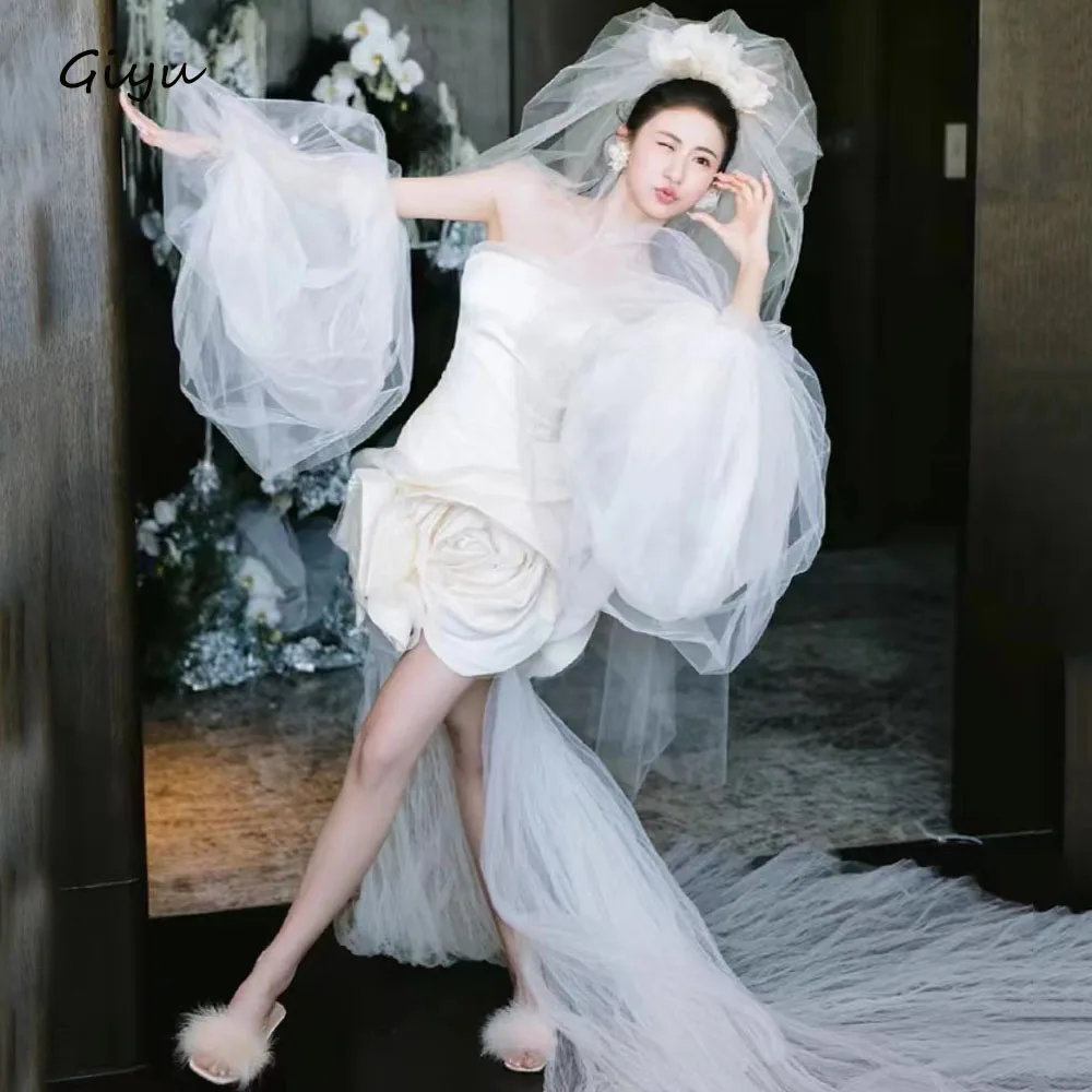 Giyu Fairy 3D Followers Mini Wedding Dresses 2024 Puff Sleeves Mini-Length Above Knee Vestidos Novias Boda 2024 웨딩드레스