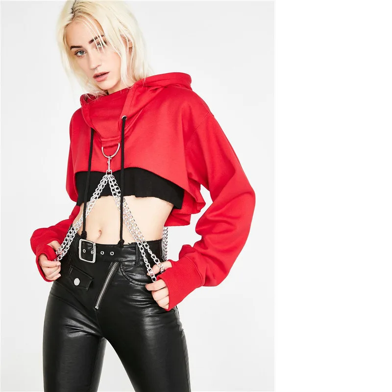 2024 Autumn/Winter New Women\'s Fashion Sexy Street Trend Solid Color Open Navel Chain Hoodie Top women sweatshirt