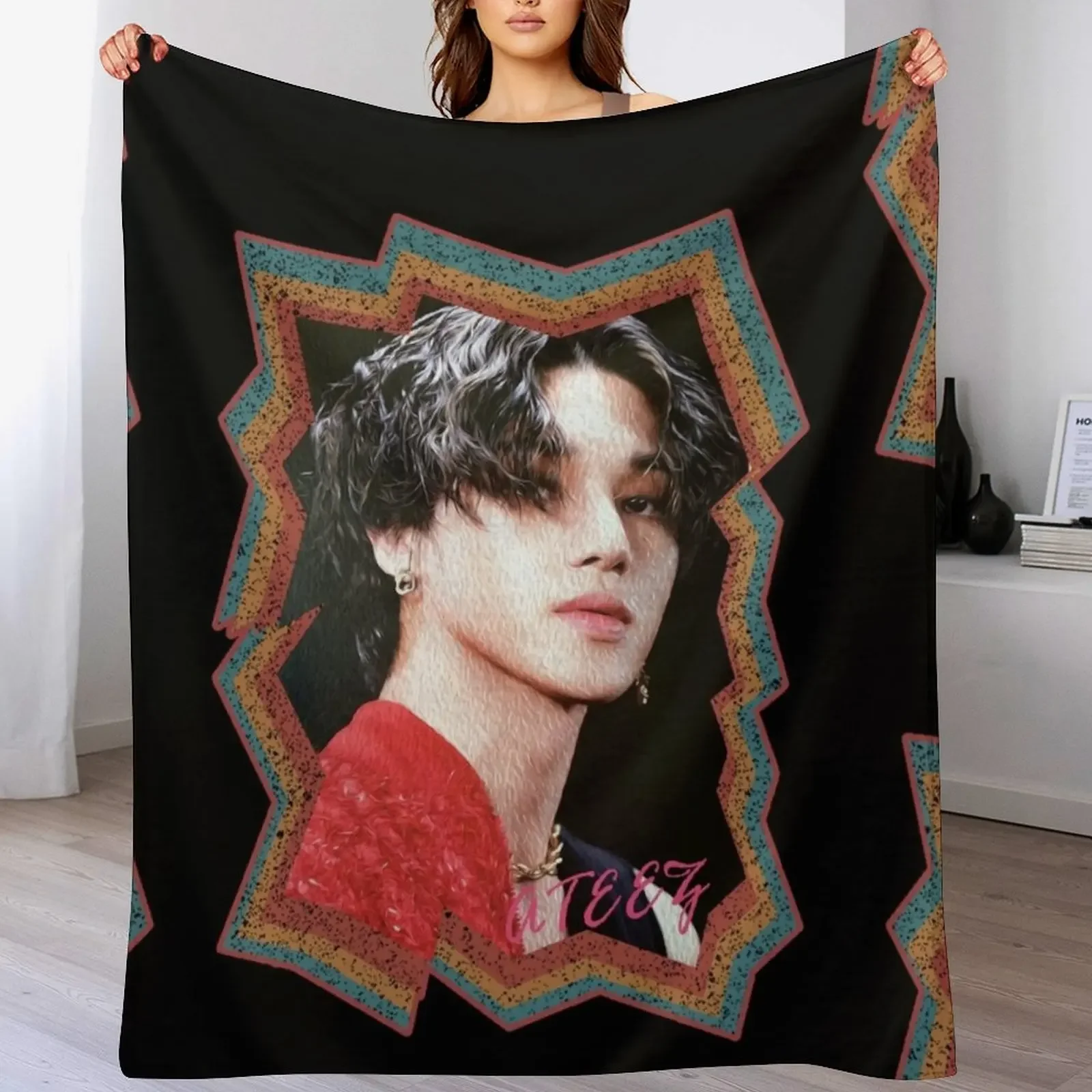 Jung Wooyoung ATEEZ Wooyoung Korean Kpop Retro Color Oil Paint Design Throw Blanket Luxury Brand warm winter Nap Shaggy Blankets