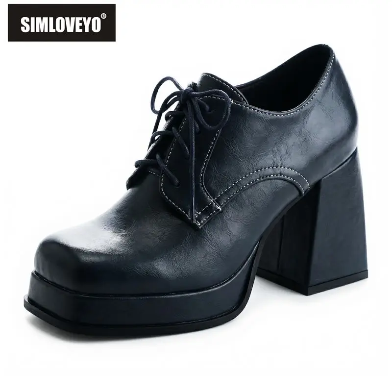 

SIMLOVEYO White Women Pumps Square Toe 10cm Chunky Heel Platform Lace Up Large Size 44 45 46 Leisure Daily Shoes Soft Footwear
