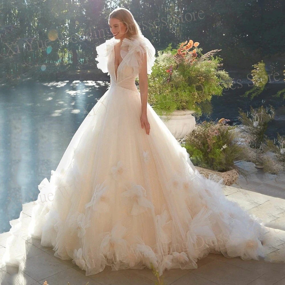 Vestidos De Novia con flores elegantes, Vestidos De Novia con espalda descubierta, línea A, cuello en V profundo, Princesa De lujo, encaje