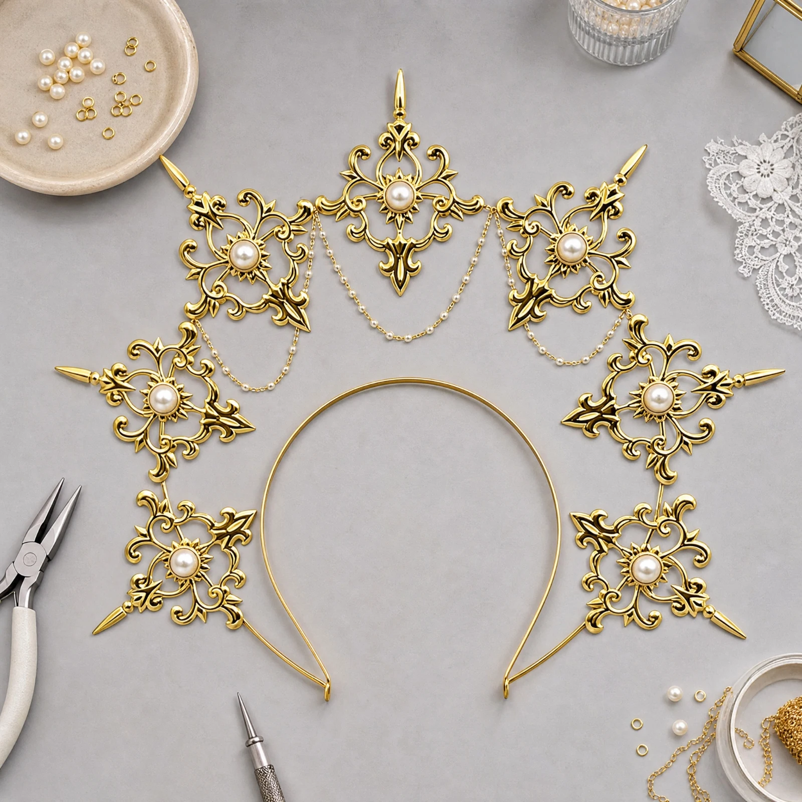 DIY Aureole Crown Kit Symmetrical DIY Crown Kit with Headband Base Tiara Hair Hoop Handmade Plain Metal Headband Base