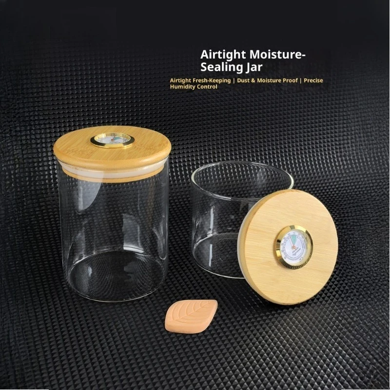 

HumidityControlTobaccoJar withHygrometer, Airtight Borosilicate Glass Storage Container for LooseTobacco Herb Spice Premium Gift