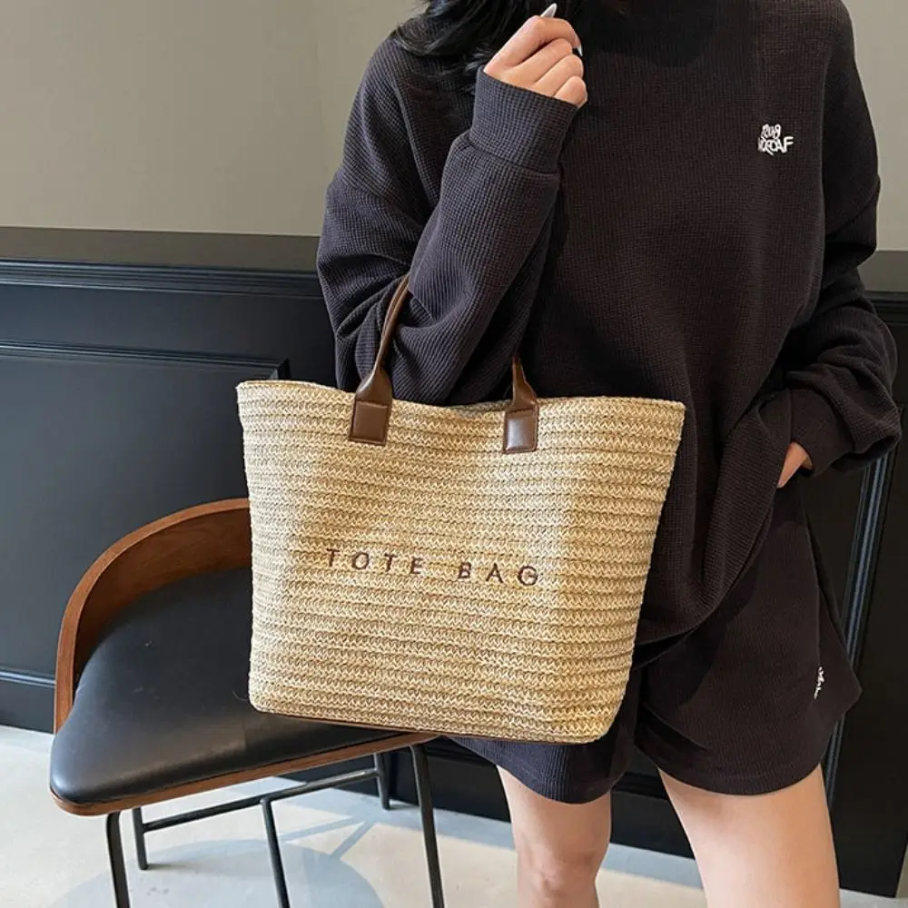 

Trendy Beach Handbag Straw Woven Bag Large Capacity Bucket Bag Bohemian Beach Bag Letter Shoulder Bag Travel