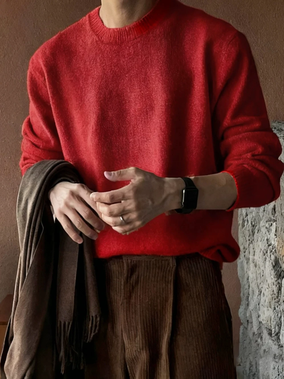 

Красный вязаный мужской свитер с длинным рукавом, облегающий, из модала и шерсти, комфортный, мягкий, в американском стиле, с круглым вырезом, базовый.