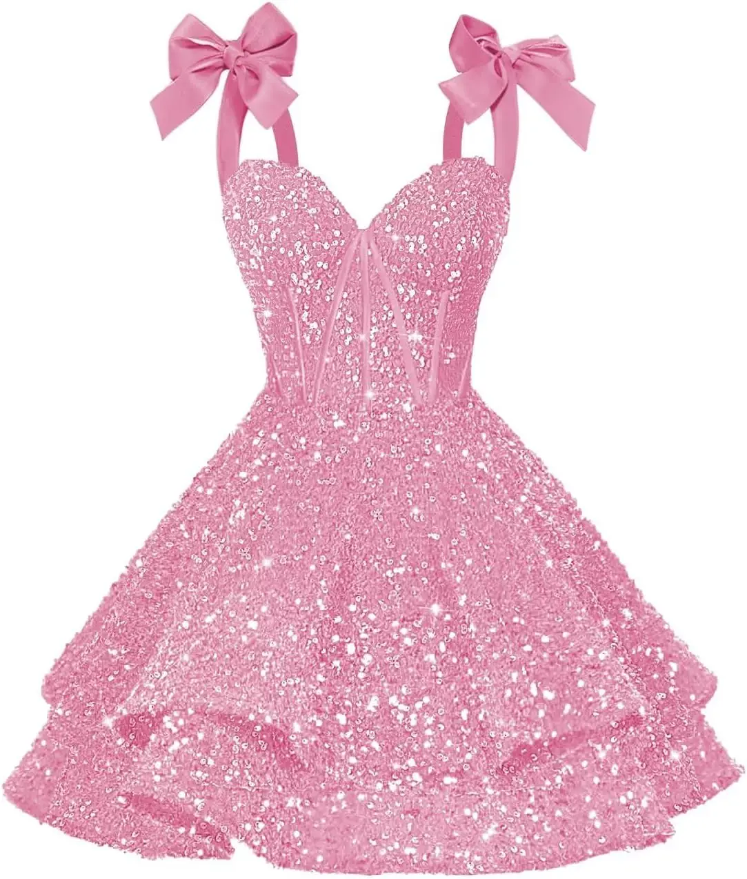 

Sparkly Sequin Bows Short Homecoming Dress 2026 Spaghetti Straps Tiered Satin Sweet 16 Prom Cocktail Mini above Knee
