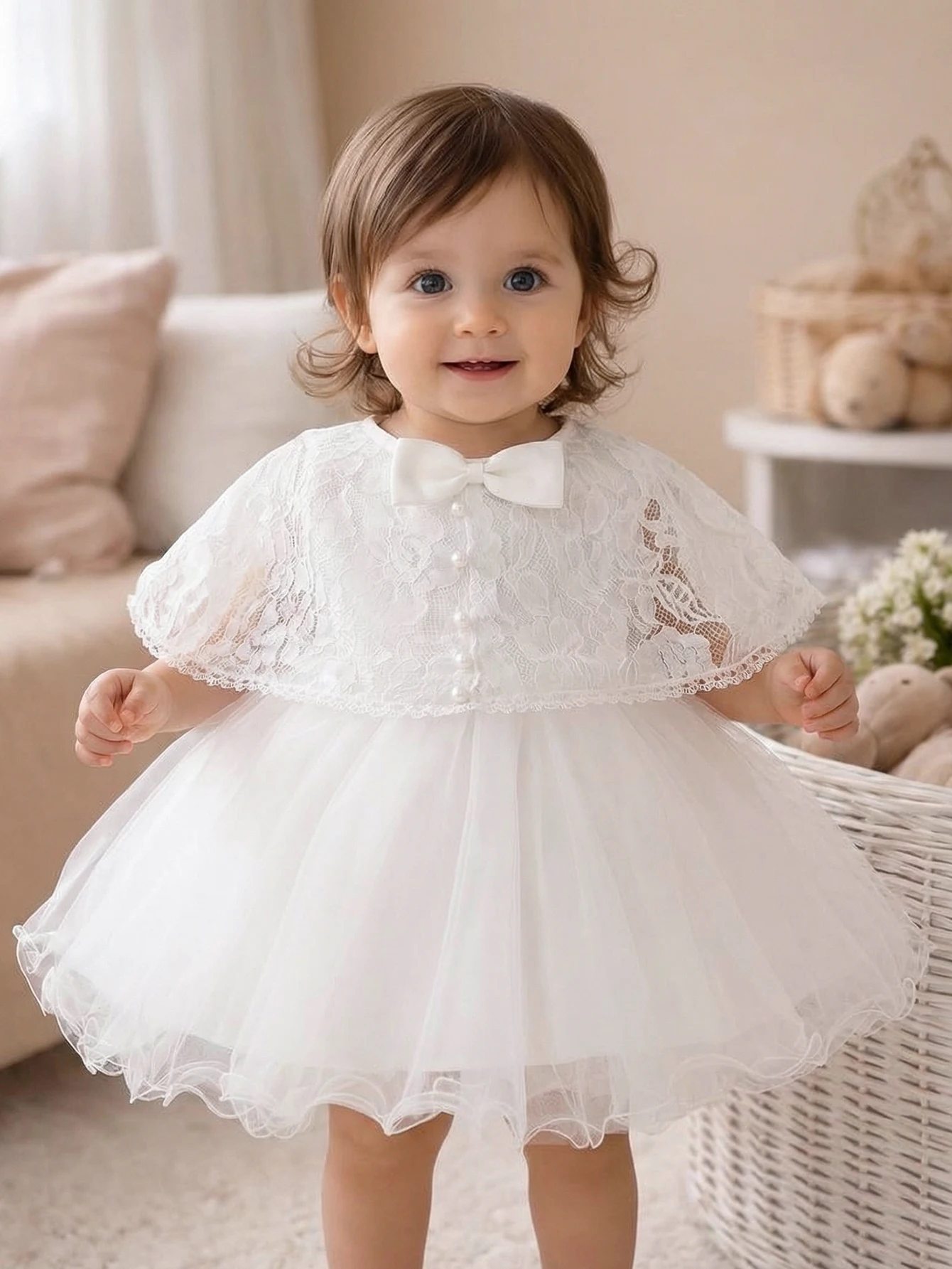 Baby Girls White Tulle Dress Lace Cape Bow Neck Pearl Buttons Ruffle Hem Birthday Wedding Christening Baptism Flower Girl Outfit