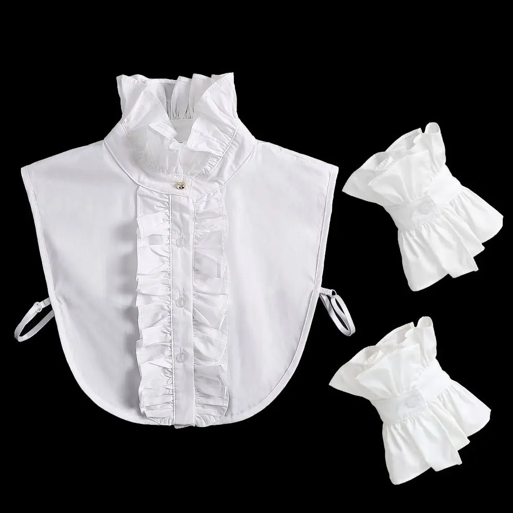White Detachable Fake Collar Ruffle Pleated Lotus Leaf Adjustable Neckline V-shaped Stand Collar Horn Cuff Scarf Accessories