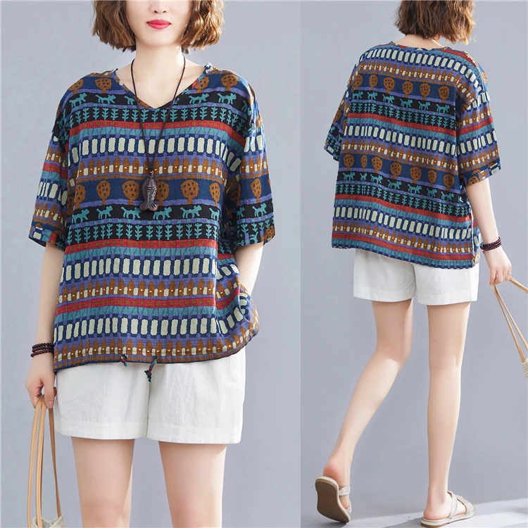 

Slimming Large Size Women's Cotton Linen Print T-Shirt Short Sleeve V-Neck Summer New Style Versatile Base Shirt Casual Wear