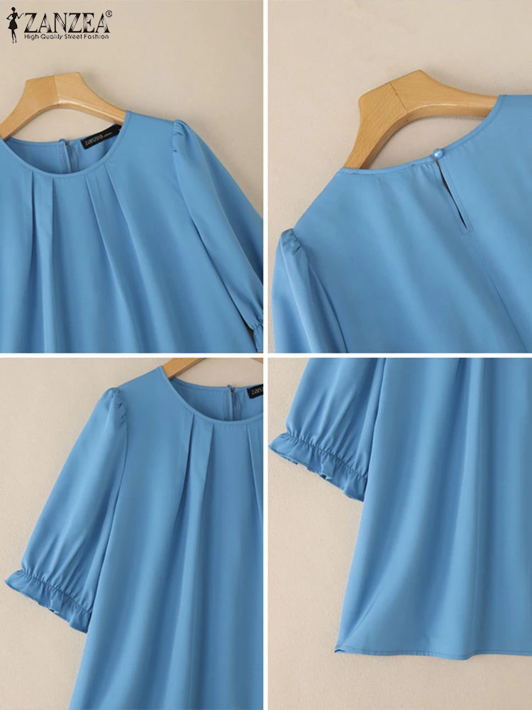 ZANZEA Camicette da donna 2025 Estate Casual Pieghettato O-Collo Mezza manica a sbuffo Blusas Mujer Elegante lavoro d'ufficio Pendolarismo Solid Top