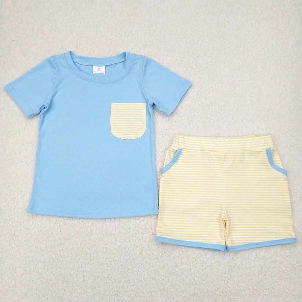 Nueva ropa de moda para bebés, conjunto de pantalones cortos a rayas con bolsillo de manga corta azul, ropa de Boutique de verano para niños, trajes para niños