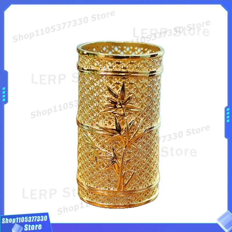 Luxury Brass Hollow Pen Holder Storage Tube for Makeup Brushes Desktop Organizer Elegant Metal Cylinder Container for Office