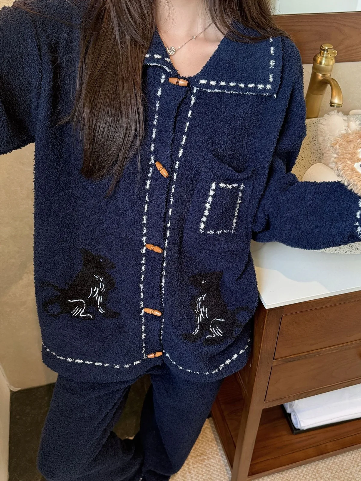 Navy blue Half Flannel Pajamas for Women Autumn and Winter Thick Warm Home Suit Set Cardigan Sweater Outside Loose Oversized