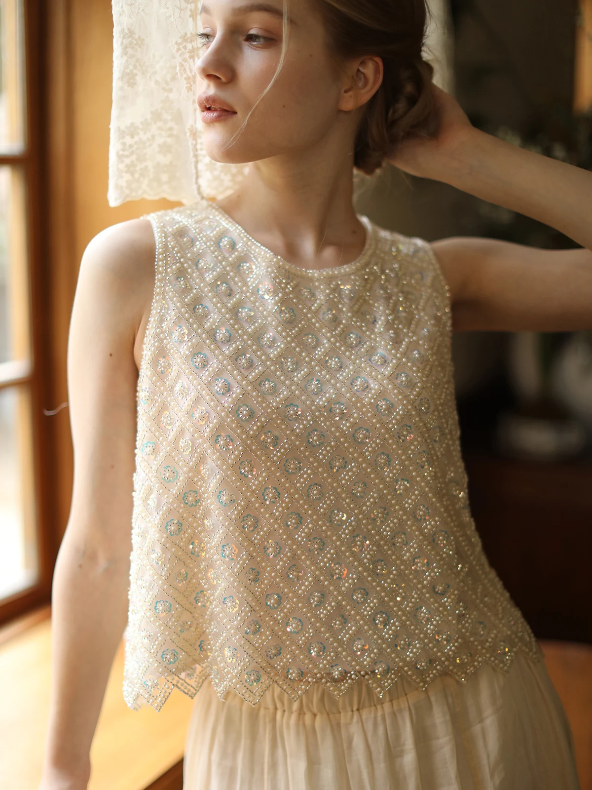 

101-109cmBust Summer Tanks Tops Women French Elegant Loose Luxury Beadings Sparkling Sequins Tanks Korean Fashion All Match Tops