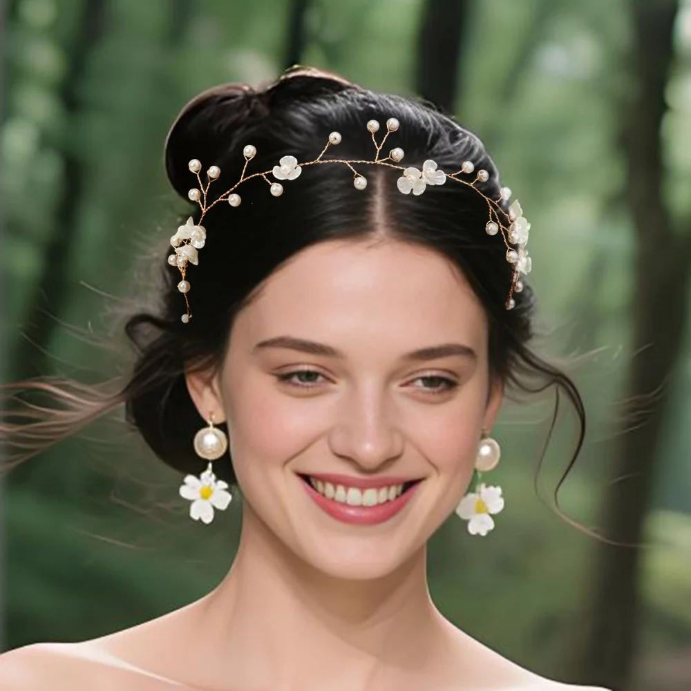 Elegant Flower Pearl Wreath Headband Bride Wedding Dress Accessories Garland Headdress Bride Hair Band Hairvine Wedding Jewelry