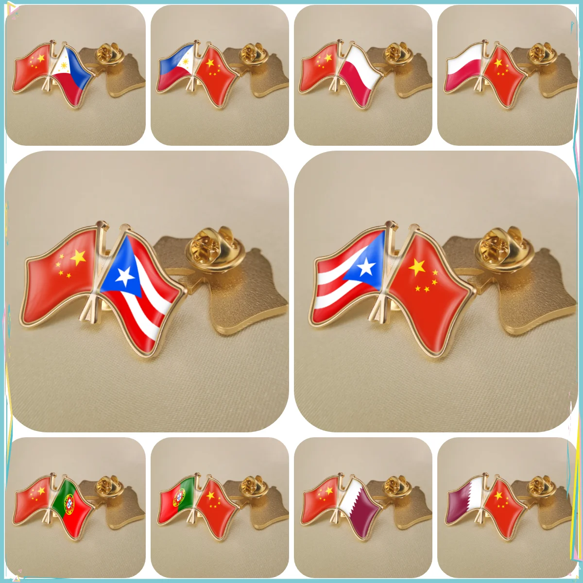 China and Philippines Poland Puerto Rico Portugal Qatar Crossed Double Friendship Flags Lapel Pins Brooch Badges