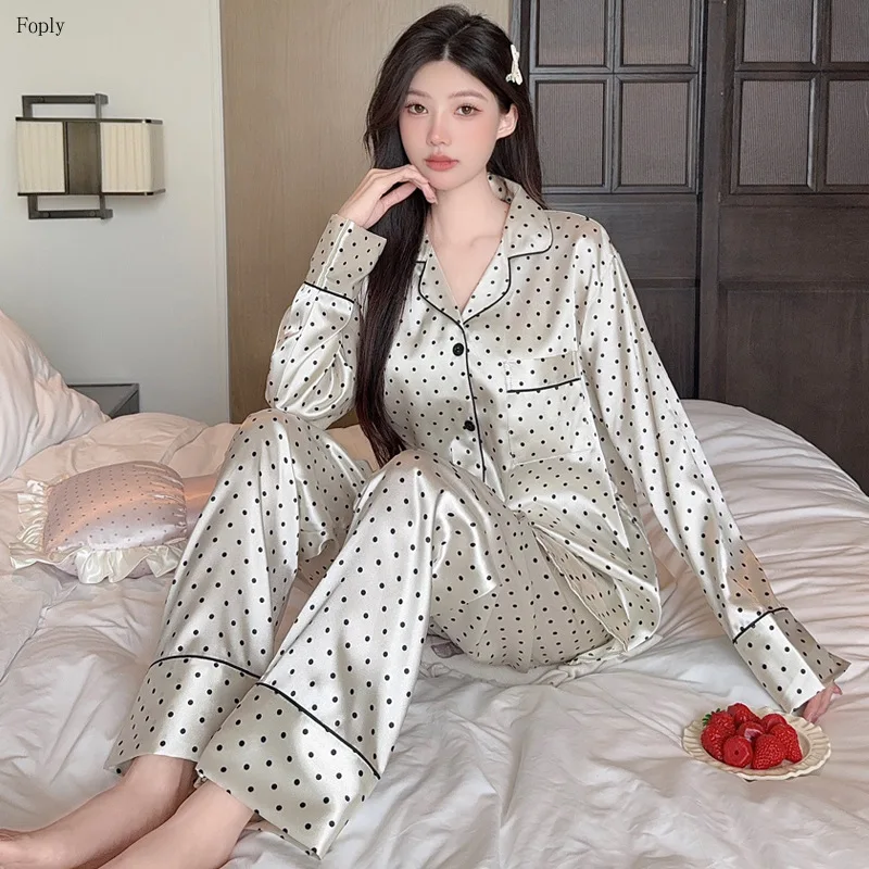 

Black Polka Dot Print Women Pajamas Two-piece Spring and Autumn Faux Silk Satin Pyjamas Ladies Pijama Sleepwear Women Loungewear