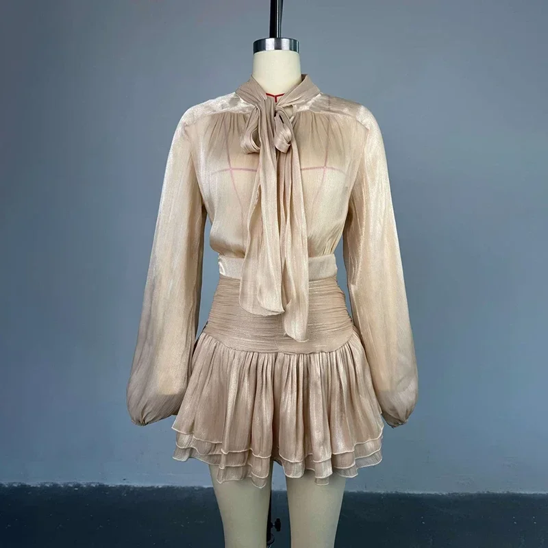 Autumn Women's Skirt Two Piece Set Bow High Waisted Chiffon Drawstring Dress Suit Ladies Sexy See Through Dress