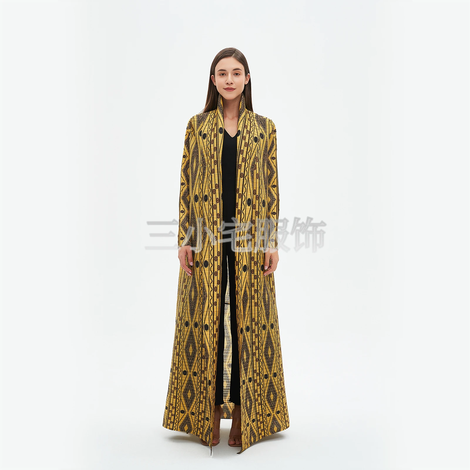 YUDX Miyake Long Sleeve Printed Dress Windbreak Women 2024 Winter New Original Designer Abayas Turndown Collar Belted Coats