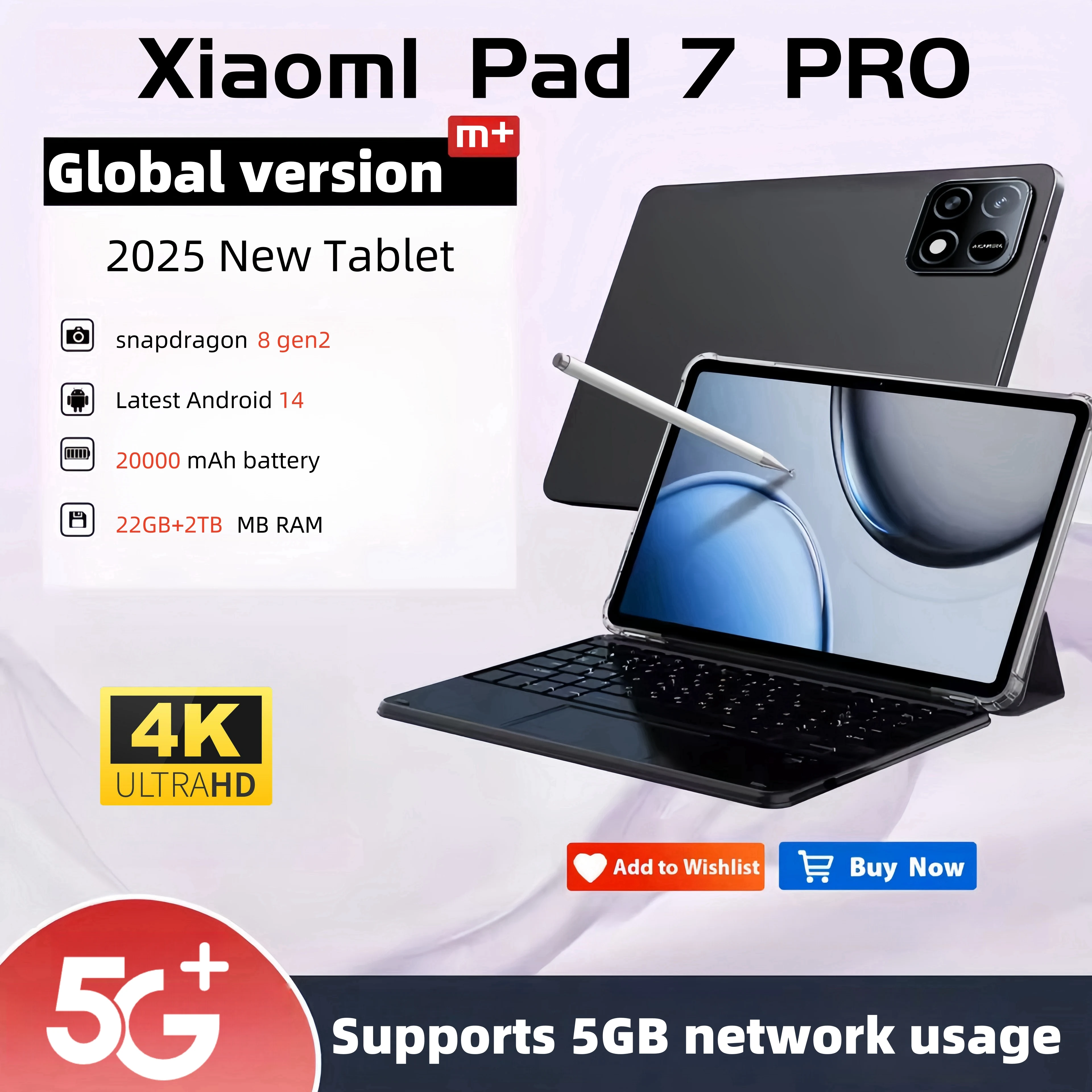 2025 NUOVO Originale Pad 7 Pro 11 pollici Tablet Android 14 22GB + 2TB 20000mAh 5G Dual SIM Bluetooth WiFi HD 4K Schermo Tablet PC Wifi7