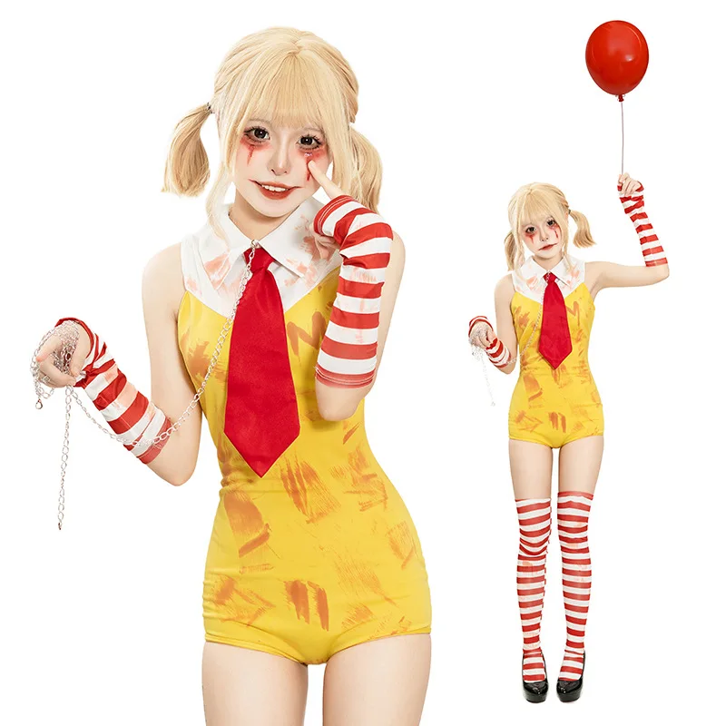 

Halloween Cosplay Carnival Circus Clown Female Striped Sleeveless Yellow Jumpsuit Tie Suit Stage Performance Props Clothing Set