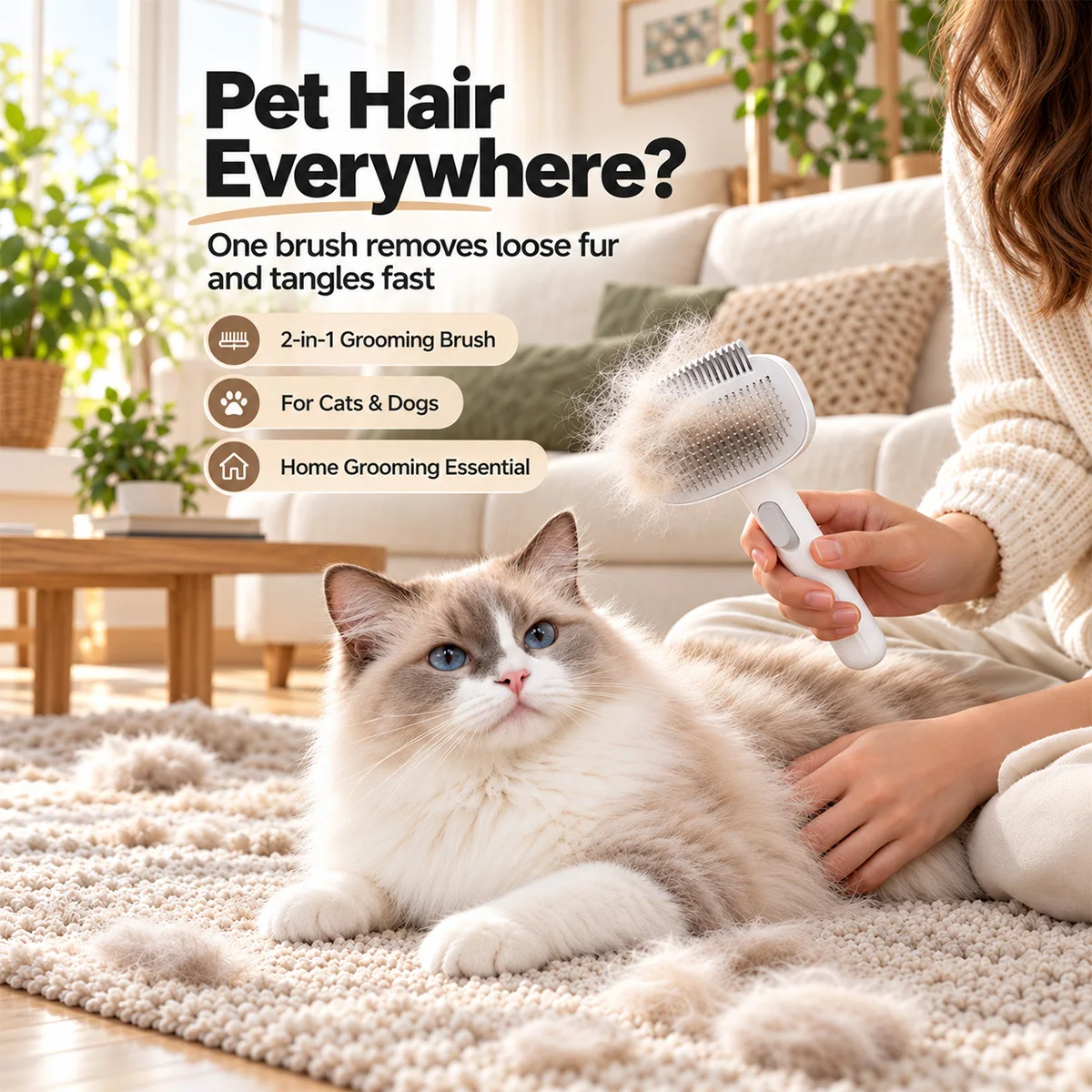 1pc 2 in 1 Pet Grooming Brush Self Cleaning Dematting Comb Deshedding Tool Detangling Slicker Brush for Cats Dogs Daily Grooming