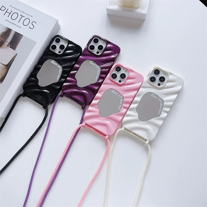 Silicone diagonal drawstring phone case for iPhone 15 14 12 13 11 Pro Max anti drop makeup mirror with drawstring phone cover