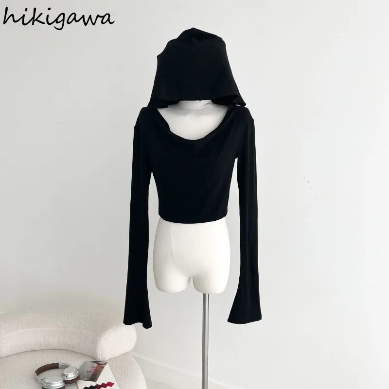 Harajuku Black Tshirts for Women Crop Tops 2024 Shirts for Women Hooded Long Sleeve Tees Fashion Casual Sexy Y2k T Shirt 27u851