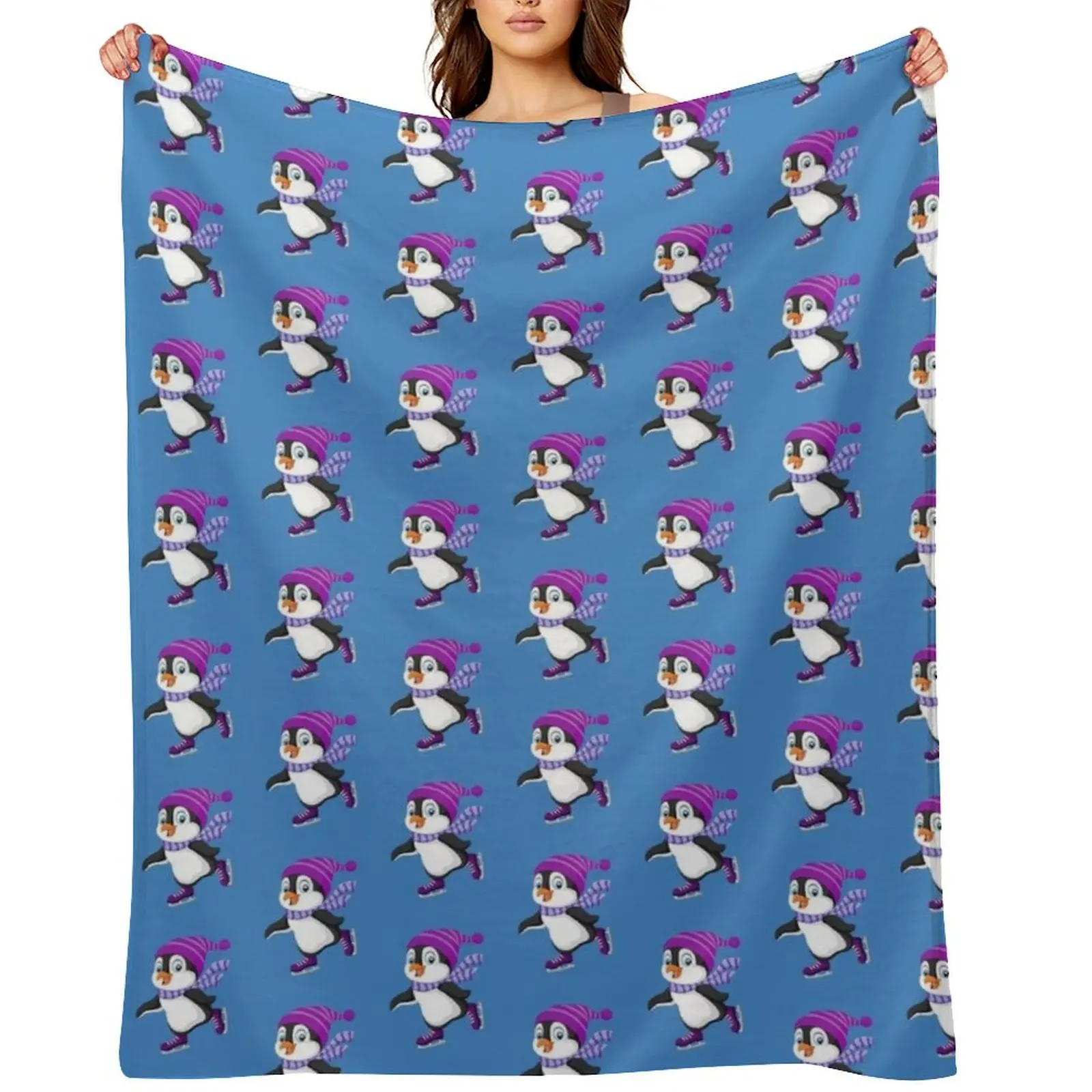 

Cute Penguin Ice Skating Purple Hat Skates Throw Blanket Luxury Designer christmas decoration Loose Flannel Fabric Blankets