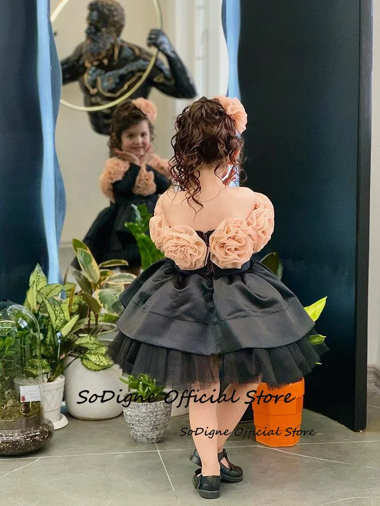 SoDigne 3D-Blume, A-Linie, Satin/Tüll, Blumenmädchenkleid, schulterfrei, kurz, 2026, Mädchenrock, Partykleider, Kinderkleid, individuell