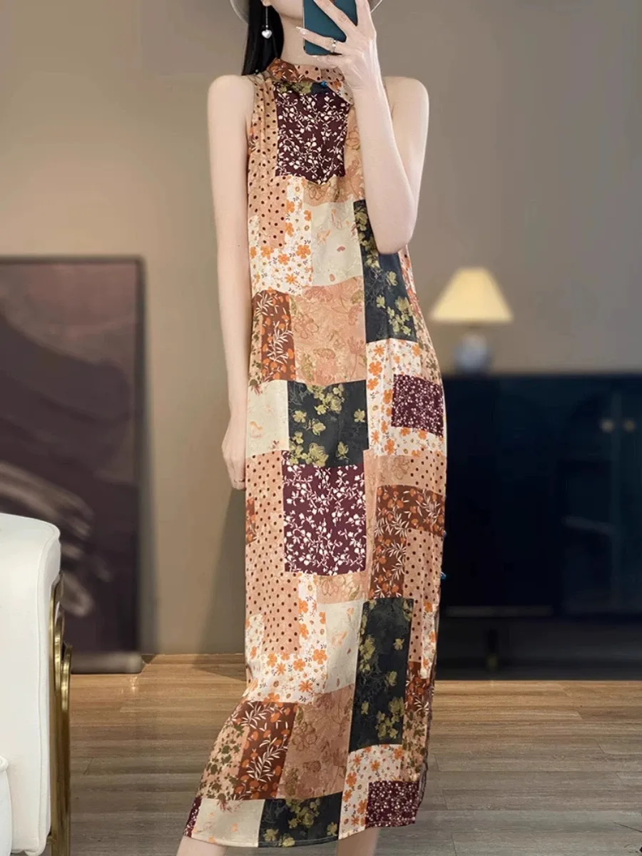 Acétate Satin imprimé Dr femmes rétro chinois Sle Qipao col Svel longue Dr nouvelle jupe fendue chinoise Sle