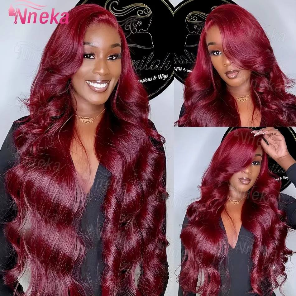 

99J Бордовый 200 Плотность Объемная волна 13x4 Парик фронта шнурка 13x6 Красный человеческие волосы Парик фронтальной части шнурка Прозрачный кружевной цвет Бразильский